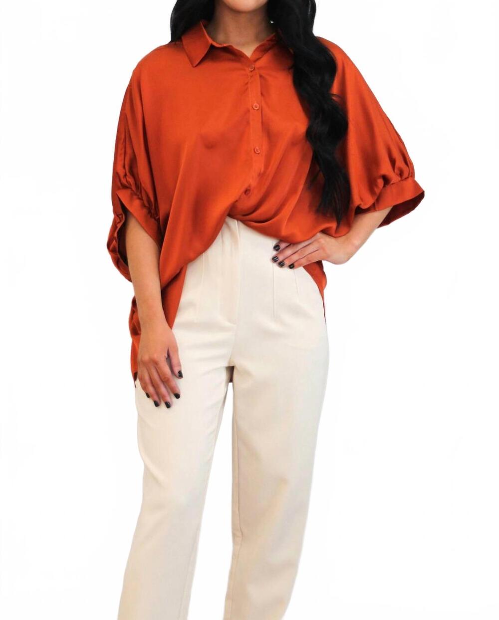 NEW DAY + MOON solara satin button down top in rust